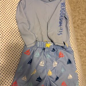 Kids Light Blue Rash Guard Set with Sailboat Swim Trunks
